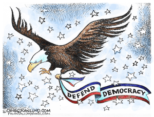 In this cartoon, a bald eagle holds a red, white and blue banner that reads "defend democracy" from its talons. The eagle is surrounded by a stars and a blue background.