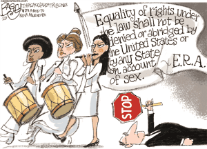 In this cartoon, three women wearing all white are marching with instruments. They have passed a man who is on the ground holding a stop sign. They are waving a flat that reads "Equality of rights under the law shall not be denied or abridged by the United States or by any state on account of sex. ~ E.R.A."