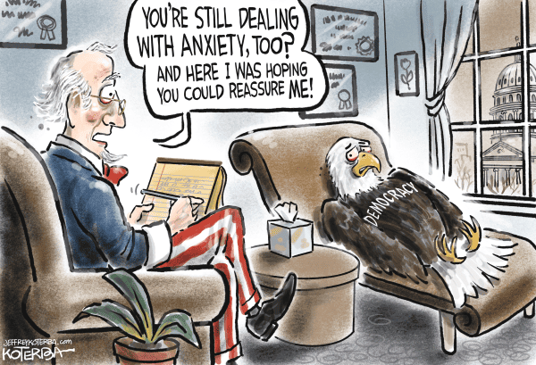 Cartoon illustration of Uncle Sam talking with an Eagle representing democracy. Uncle sam says "You're still dealing with anxiety, too? And here I was hoping you could reassure me!"