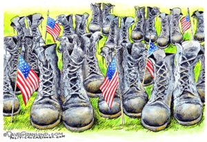 Illustration of American flags and several pairs of combat boots on grass