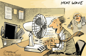 Cartoon illustration of someone working instead of a fan with text that says "heat wave."