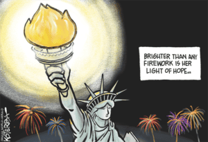 Illustration of the Statue of Liberty and her illuminated torch. There are fireworks in the background and text that reads "Brighter than any firework is her light of hope..."