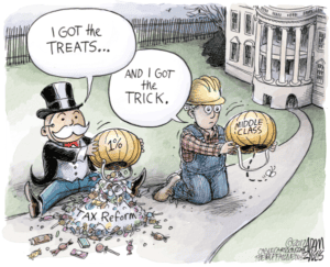Illustration of trick-or-treaters dumping out their baskets. The person representing the 1% says "I got the treats." The person representing the middle class says "And I got the trick."