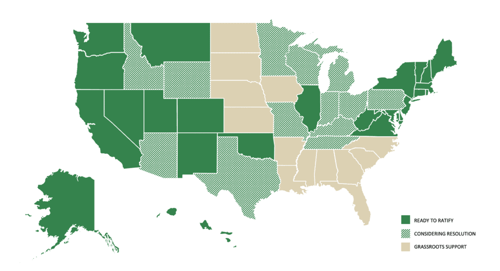 Map of the U.S. showing 24 states that are ready to formally call on Congress to propose a constitutional amendment restoring the authority of Congress and the states to set election-spending rules. An additional 13 states are considering resolutions.