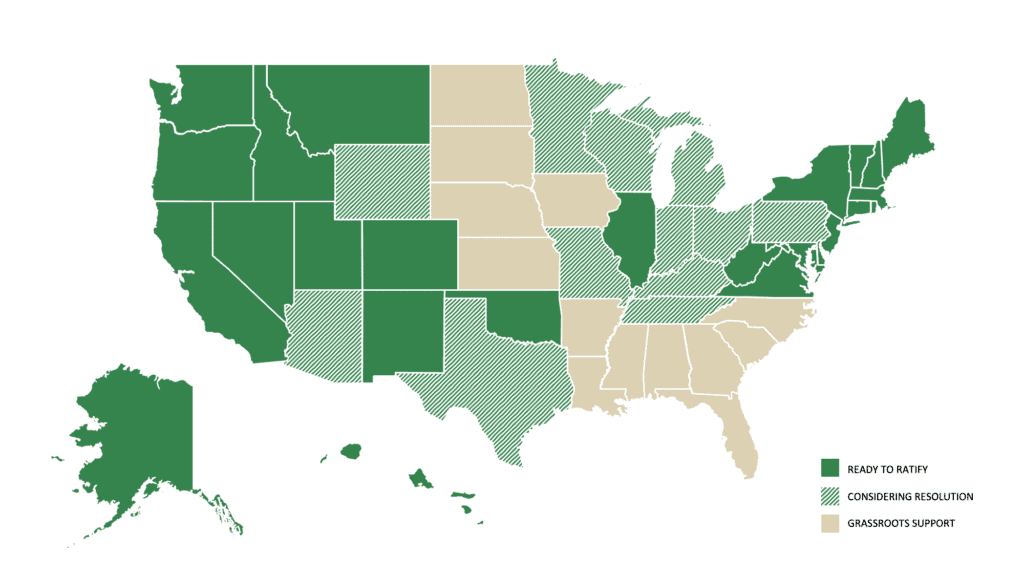 Map of the U.S. showing 25 states that are ready to formally call on Congress to propose a constitutional amendment restoring the authority of Congress and the states to set election-spending rules. An additional 12 states are considering resolutions.