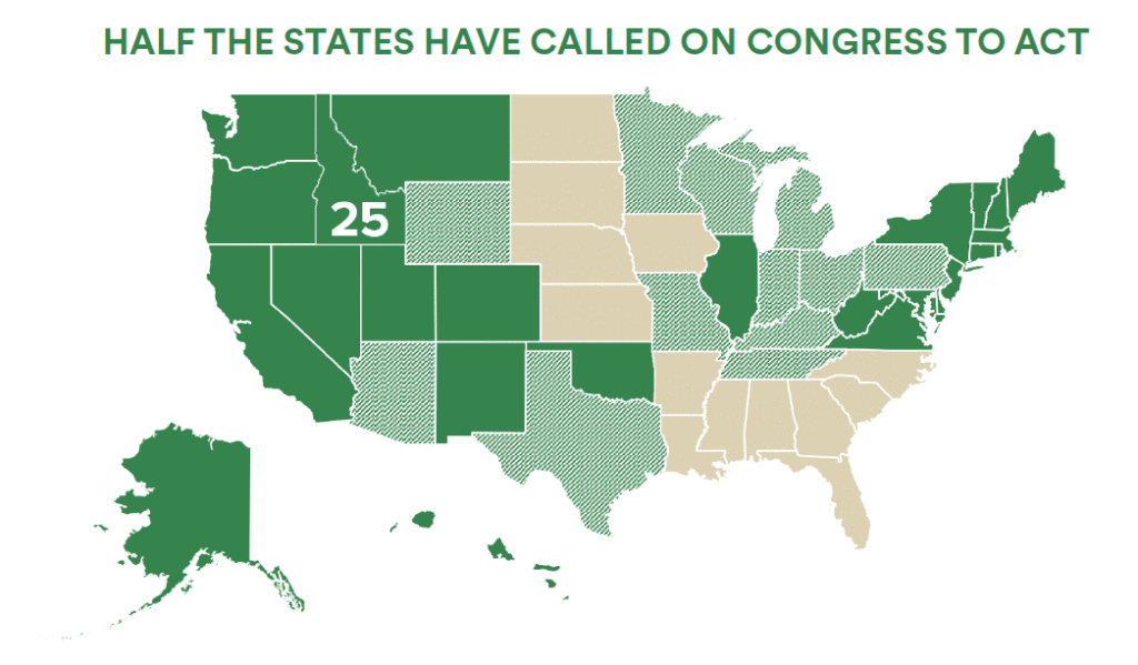 Map showing half the states in the U.S. that have called on Congress to propose a constitutional amendment solution to the crisis of money in elections.
